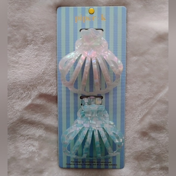 Piper K Accessories - piper.k • SET OF 2 LARGE Sea Shell Hair Claw Clips - Iridescent White & Blue 🆕